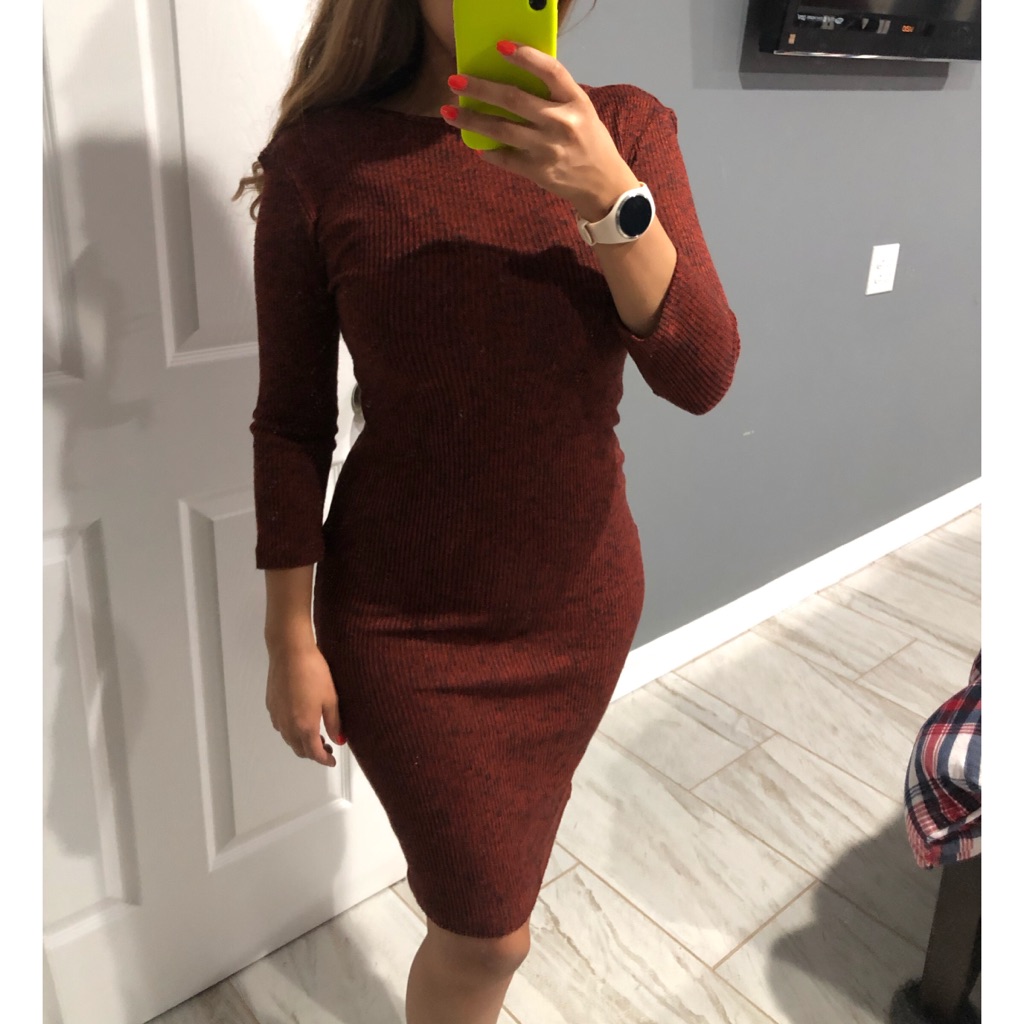 New Midi Orange Black Fitted Dress Sz Medium